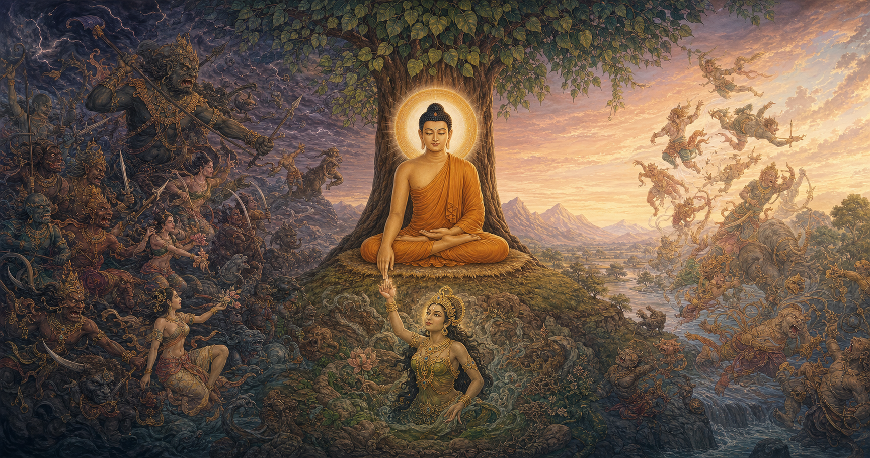 Buddha touches the ground beneath the Bodhi tree while Mara's army retreats and an Earth witness figure emerges beside the throne.