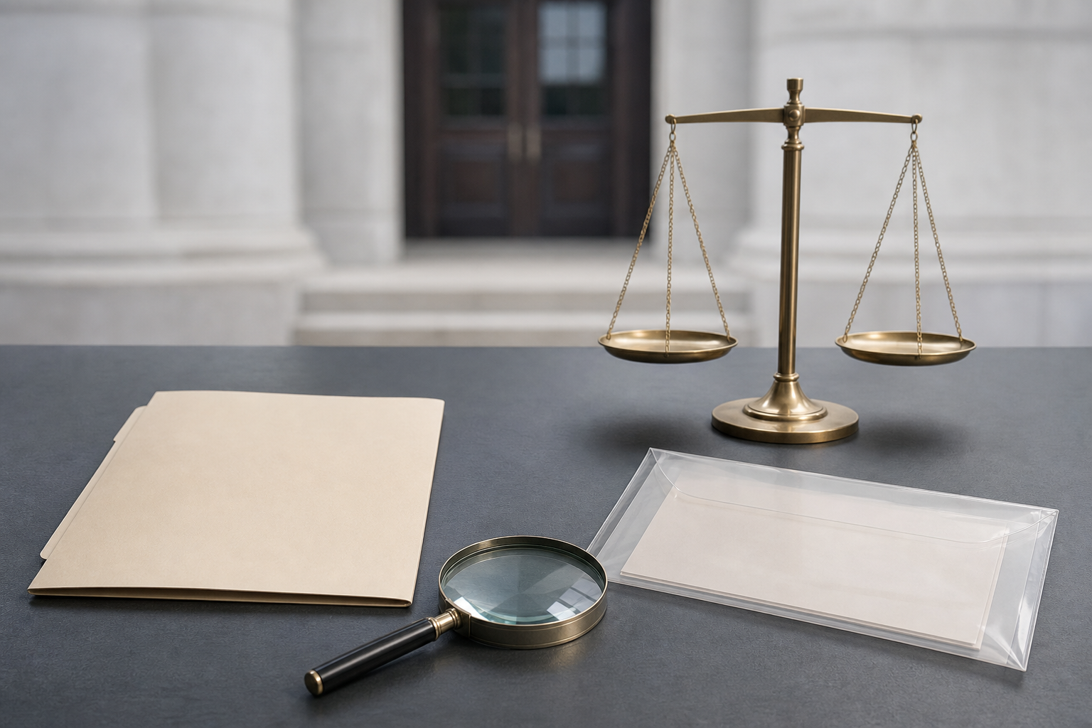 An unmarked folder, evidence envelope, magnifying glass, and balance scale rest on a desk with a courthouse doorway in the background.