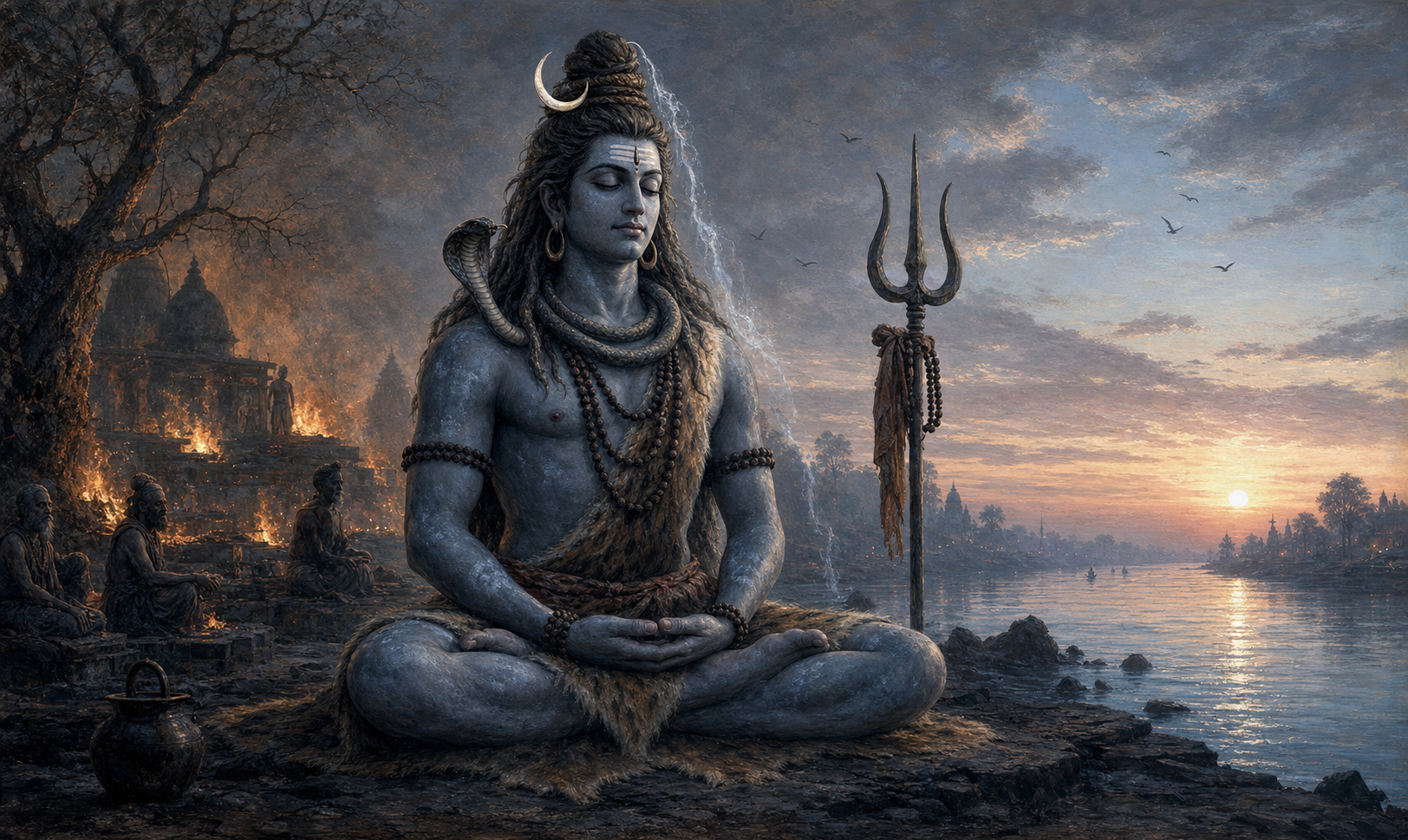 Shiva meditates beside a quiet cremation ground at dawn, with a trident, crescent moon, cobra, river, and distant funeral embers.