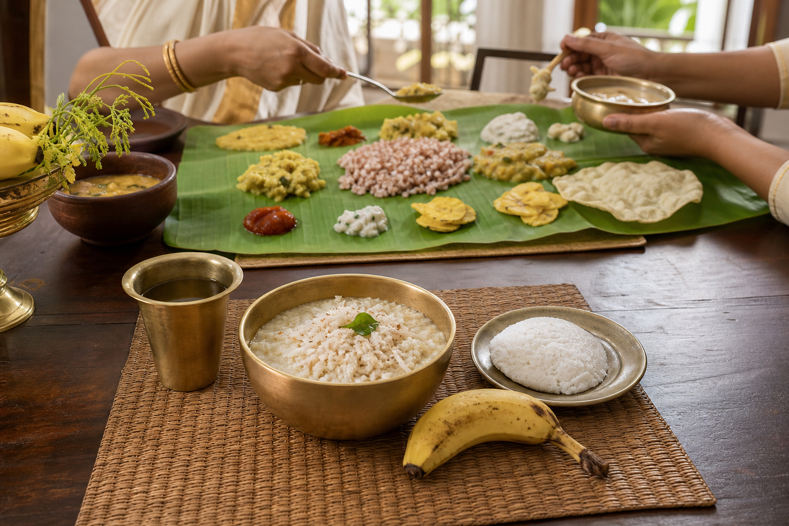 A simple Vishu breakfast sits beside banana leaves holding rice and a modest sadya with curries, vegetables, pappadam, and payasam.