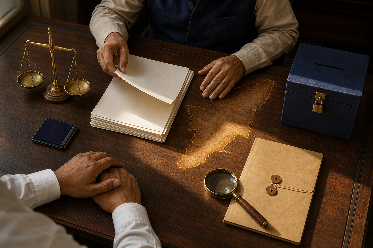 An election official and a candidate review blank nomination documents beside a magnifying glass, balance scale, ballot box, and an outline of Tamil Nadu.