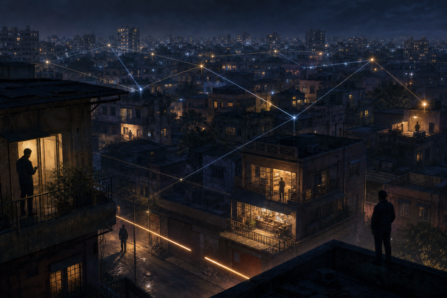 A conceptual city scene shows several anonymous figures connected by faint lines, with one connection interrupted while others remain.