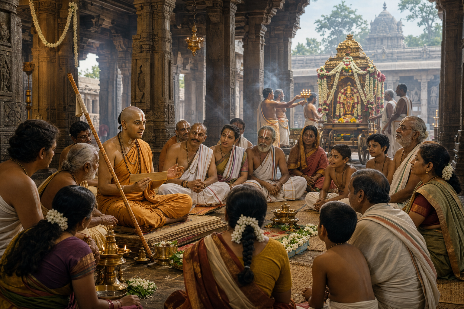 An idealized Sri Vaishnava acharya teaches seated devotees in a pillared temple hall while priests perform worship in the background.
