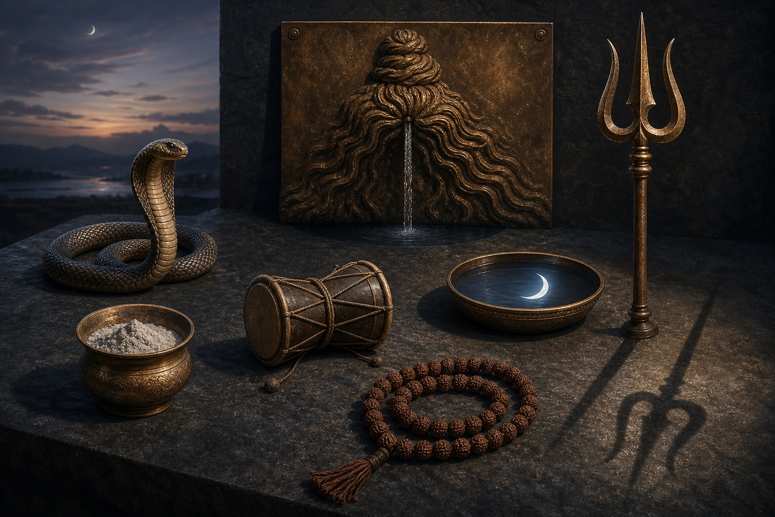 Sacred ash, a cobra, damaru drum, rudraksha beads, trident, and moonlit water are arranged separately on a dark stone altar.