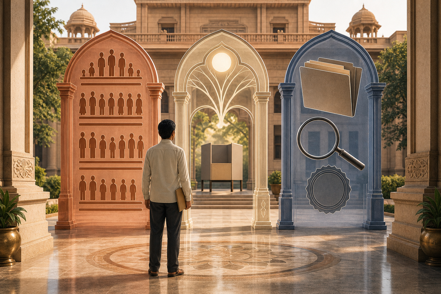 A candidate passes through three symbolic gateways representing community classification, present religious status, and documentary proof before reaching a polling booth.