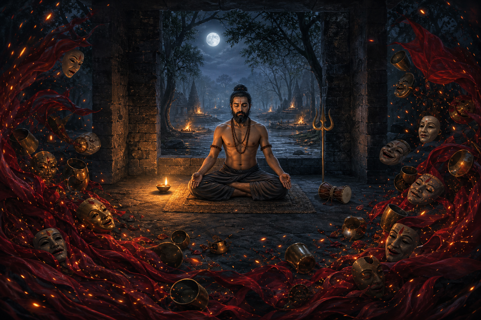 A devotee meditates steadily within a circle of lamplight while masks, cups, sparks, and red cloth swirl at the dark periphery.