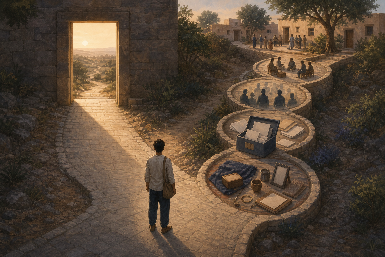 A person stands at two unequal paths, with one crossing a threshold and the returning path passing through family records and community figures.