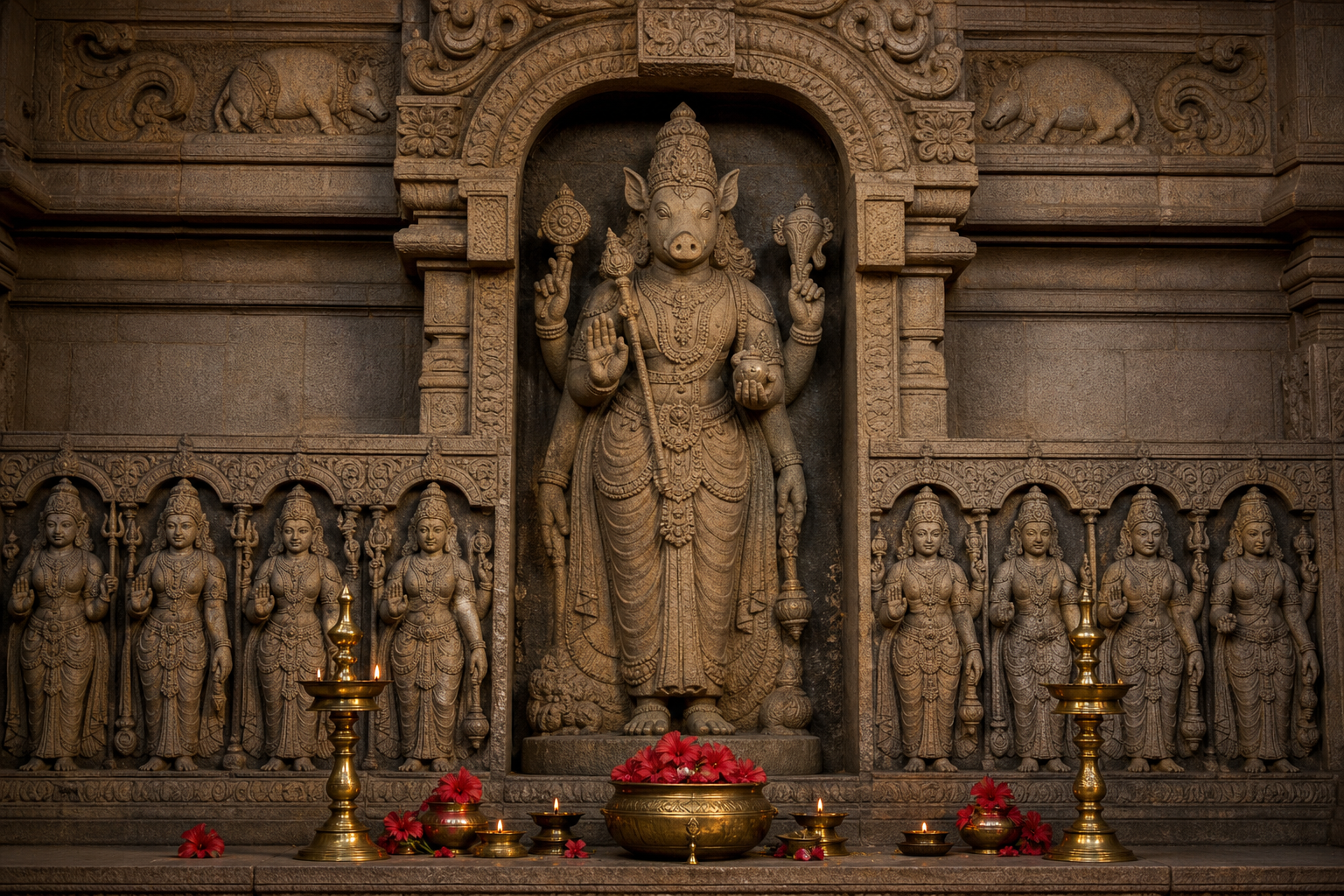 Central stone image of Varahi with smaller mother-goddess reliefs, ritual lamps, flowers and a carved boar motif in a South Indian shrine.