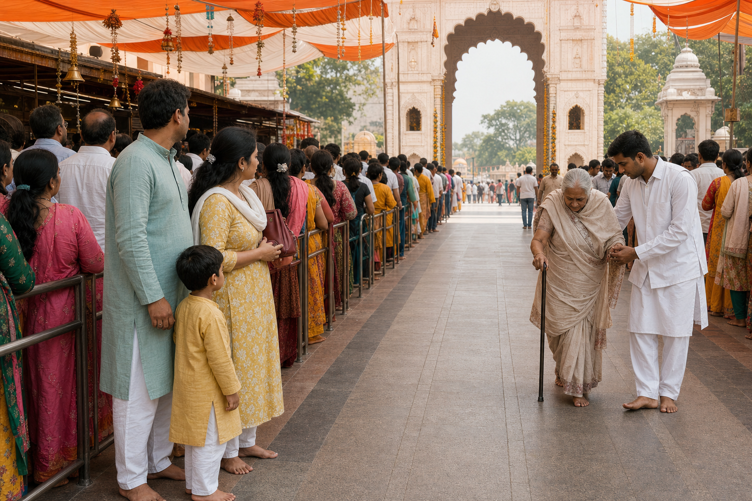 A family stays together in a crowded temple courtyard while a volunteer assists an older devotee beside a clear walking route.