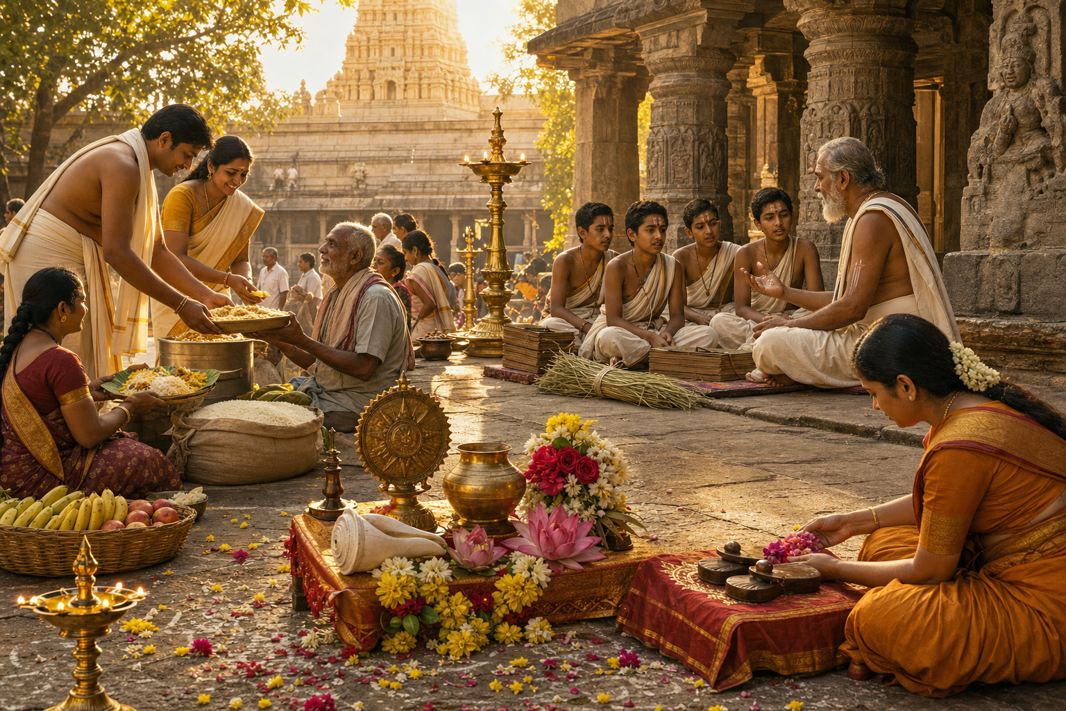 Charitable food offerings, Vedic students, devotional objects, and flower-honored wooden sandals share a temple courtyard.