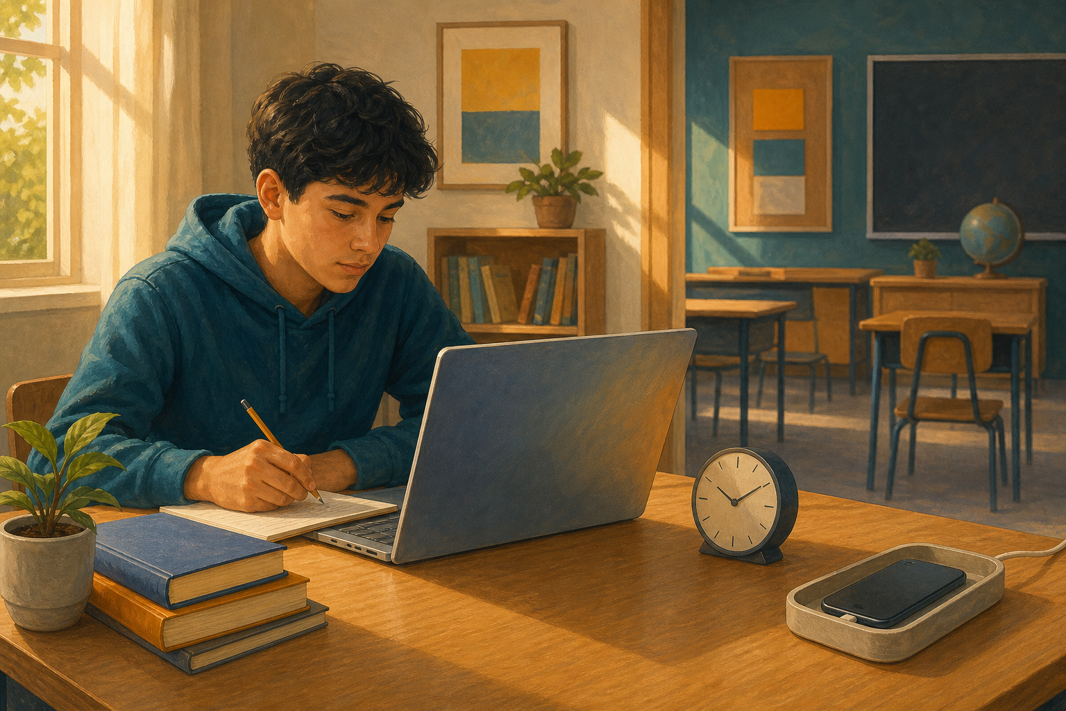 A student works on a laptop at a desk with books and an analog clock while a smartphone charges in a tray across the room.