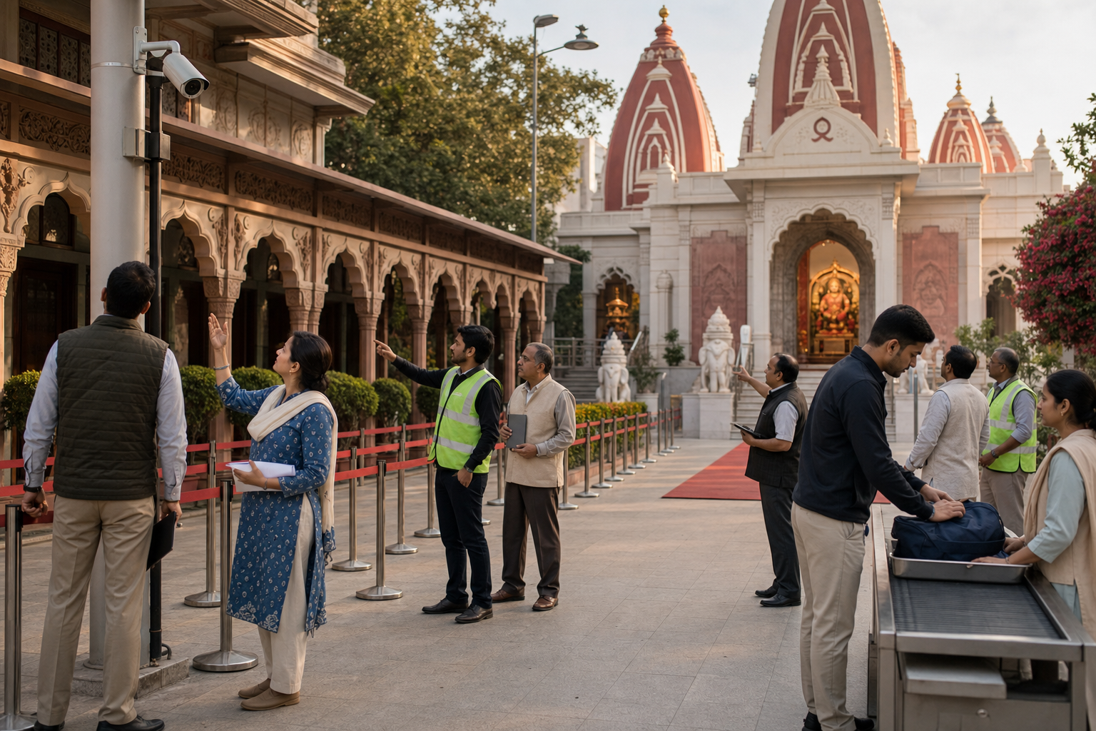 Temple staff and security personnel inspect queue barriers, cameras, lighting, and an open access lane before devotees arrive.