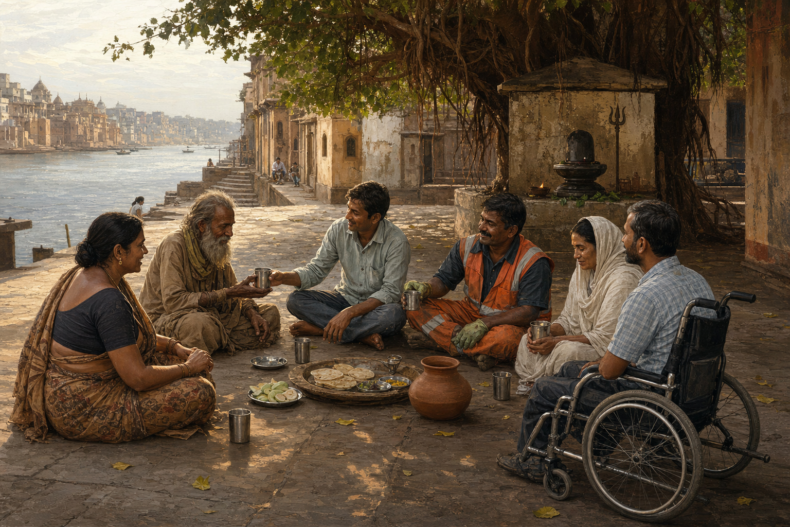 Adults from varied walks of life sit as equals sharing food and water beside a small Shiva shrine under a banyan tree.