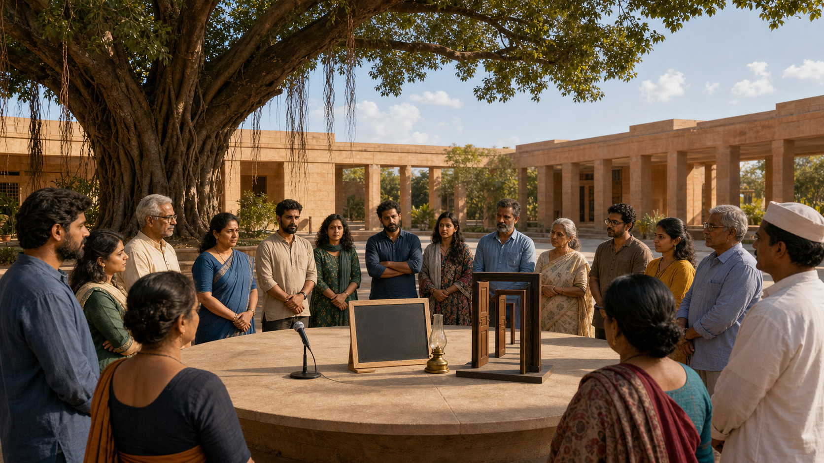 A diverse group of Indian citizens gathers around a stone table holding a microphone, classroom objects, and symbols of open choice in a sunlit civic courtyard.