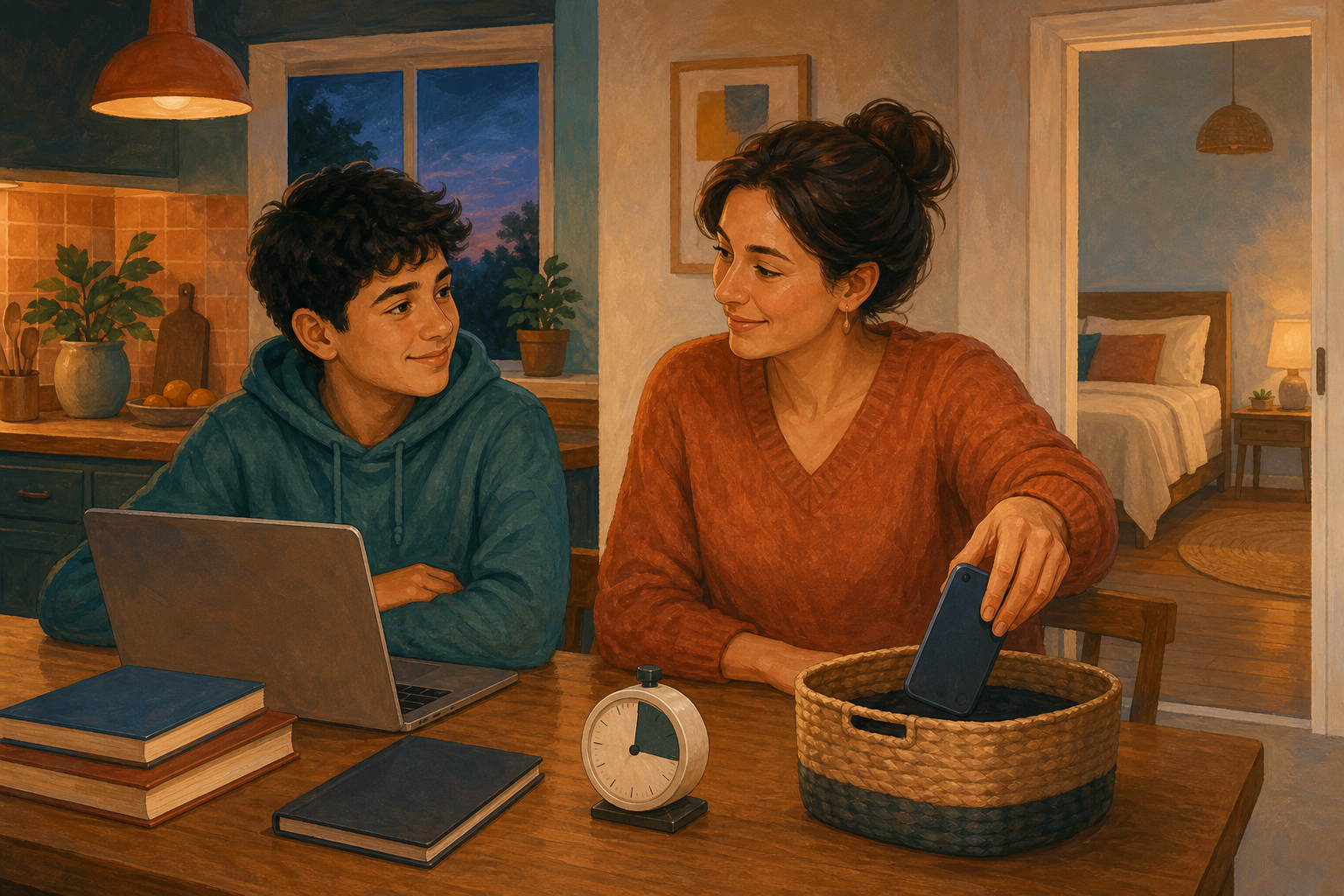 A teenager and parent organize school materials, a timer, and phones around a charging basket at a kitchen table in the evening.