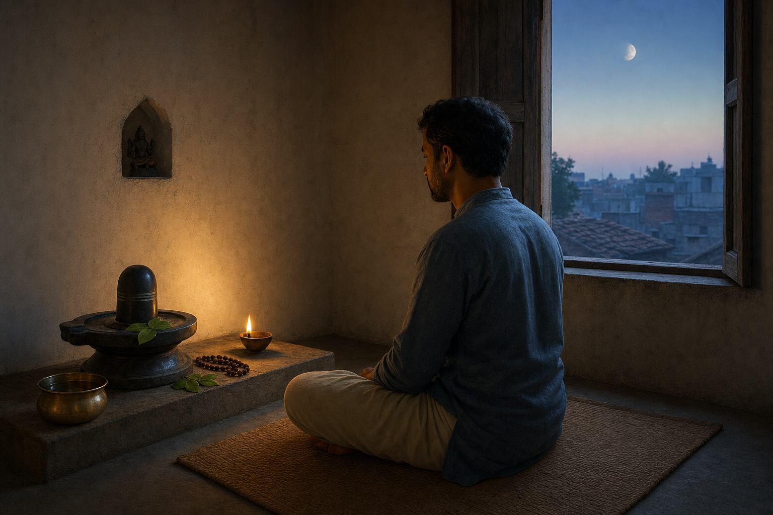 A practitioner in simple clothing meditates before a small Shiva altar in a quiet home as dawn appears through the window.
