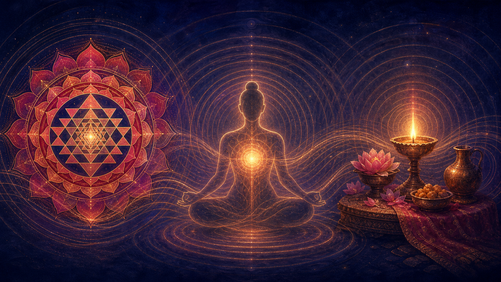 A geometric mandala, a ritual altar, and a seated human silhouette are linked by luminous concentric ripples.