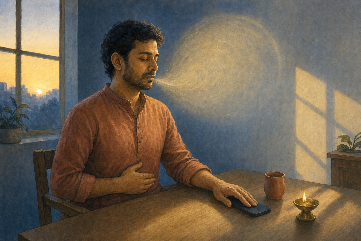 A person pauses at a desk beside a face-down phone, breathing calmly in the light of dawn.