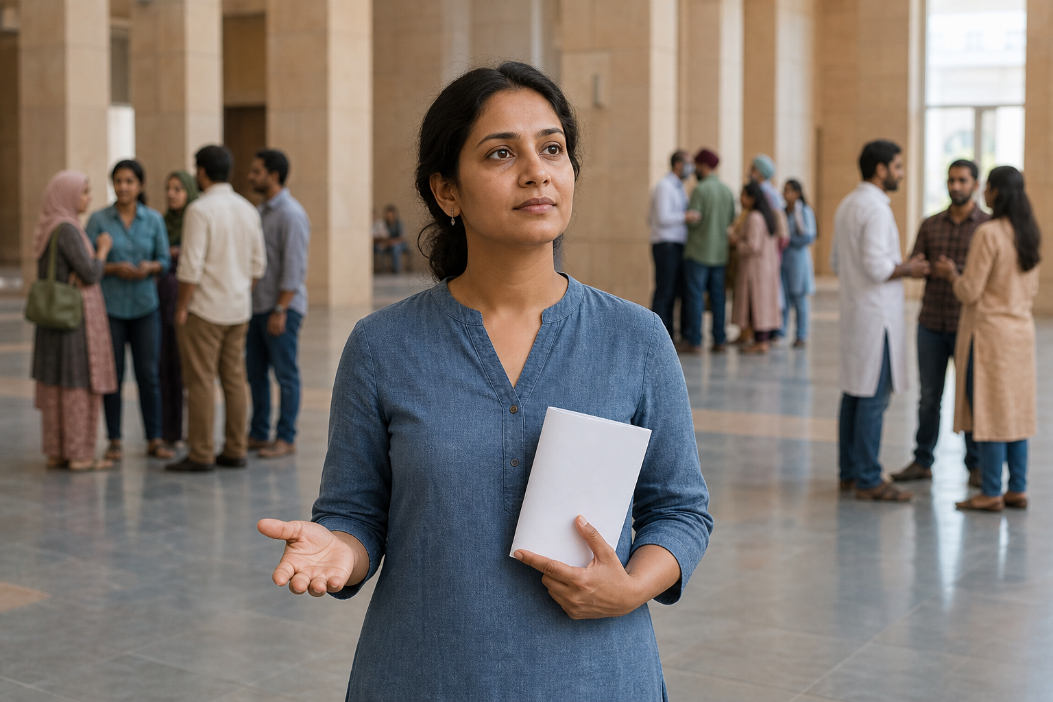 An Indian woman holding an unmarked document stands in clear focus before several softly blurred groups in a civic hall.