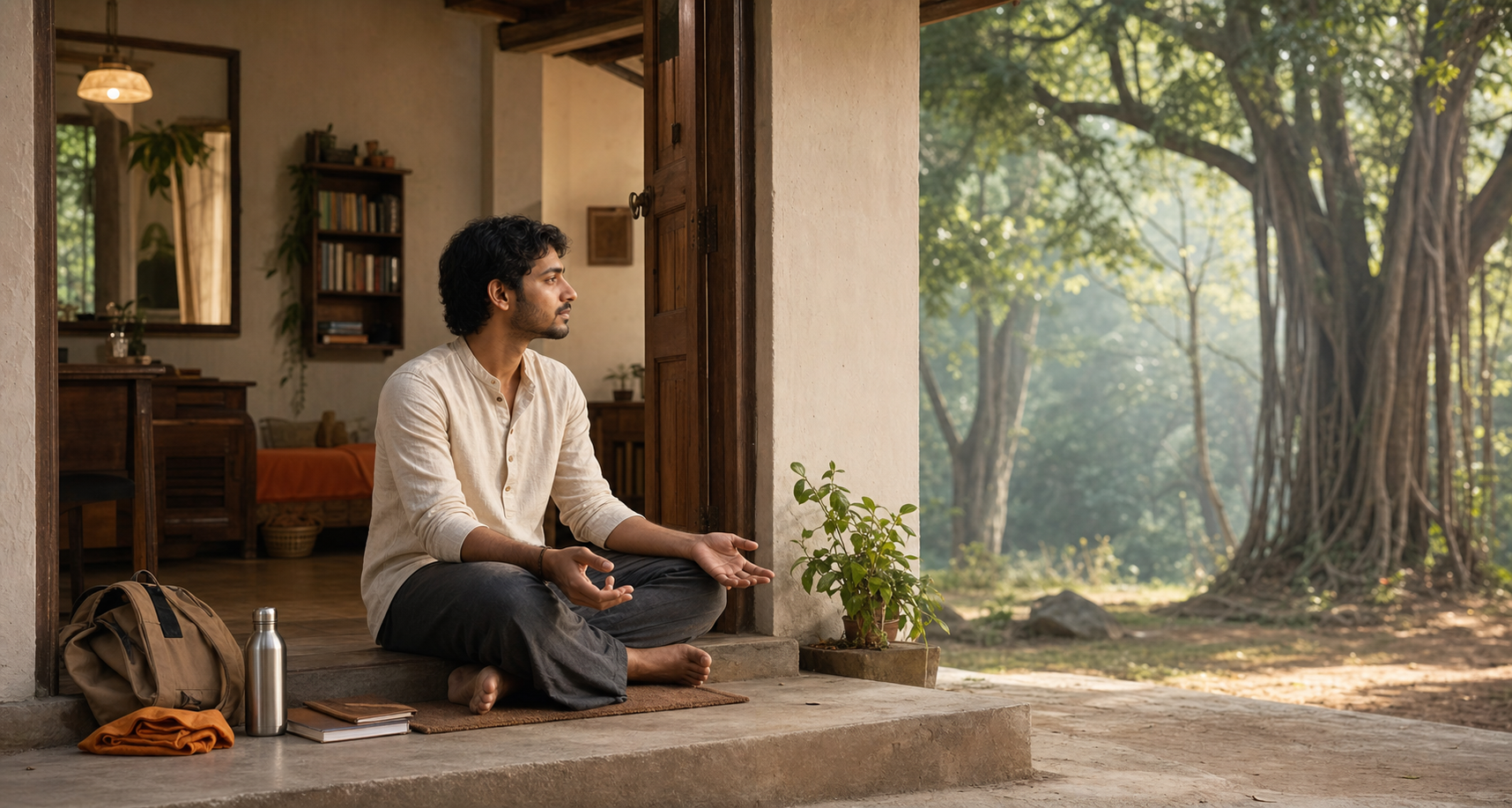 A person in simple modern clothing sits at a home's open threshold facing a quiet grove at dawn, with a few everyday belongings beside them.
