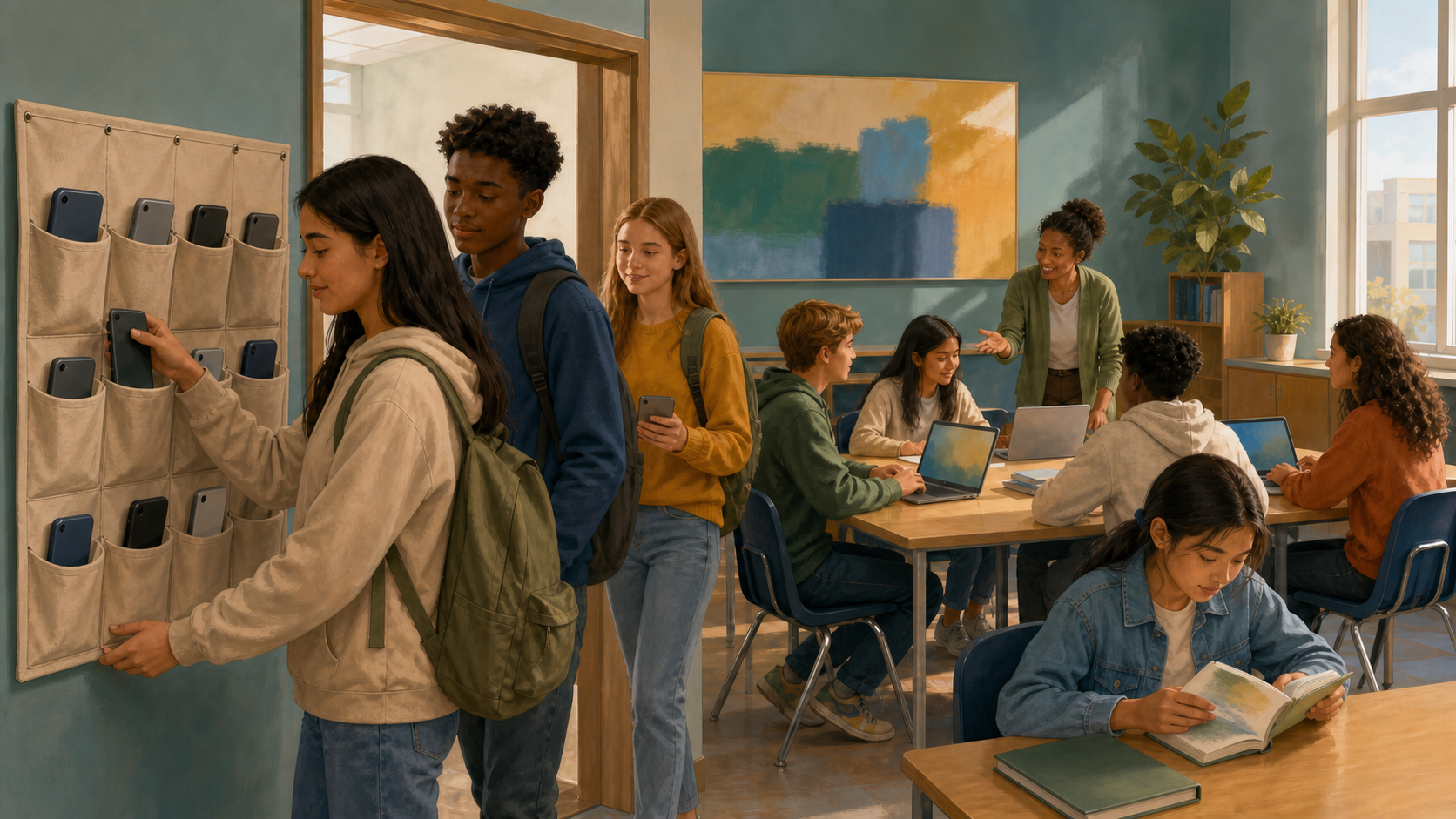 Students store phones in classroom pockets while classmates use laptops and printed books during a teacher-guided lesson.