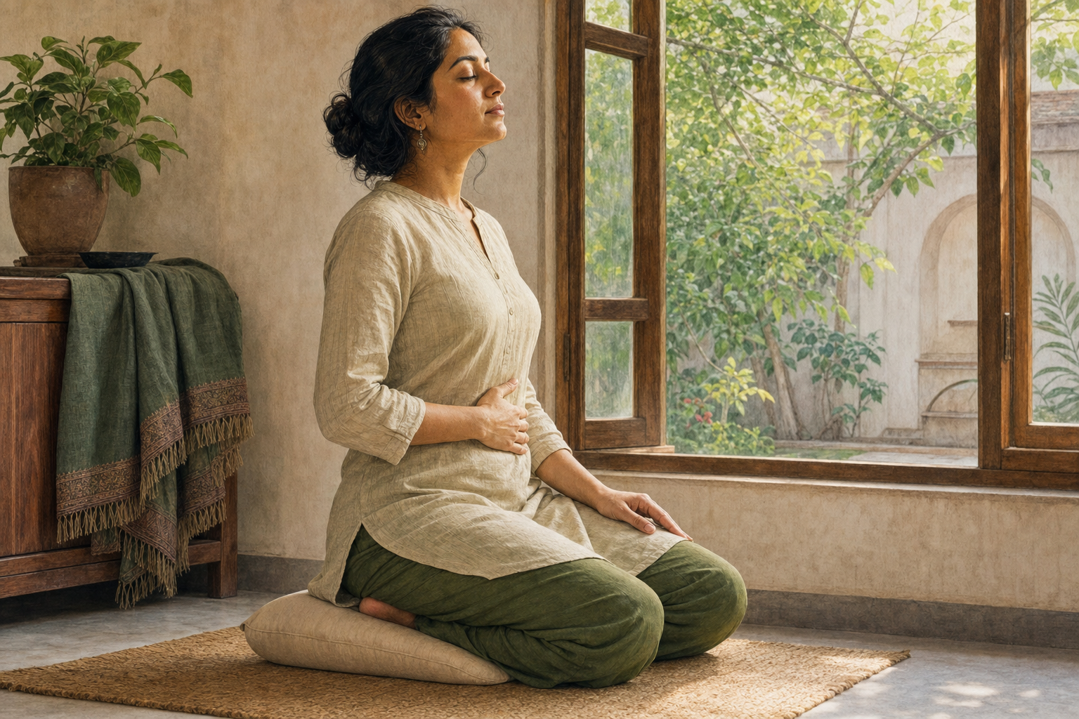 A seated person maintains a relaxed upright posture with one hand on the lower ribs while breathing near an open window.