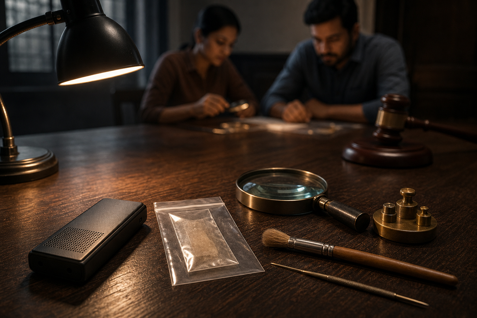 Two civic investigators examine an audio recorder and other evidence while precision tools are illuminated and a large gavel remains in shadow.