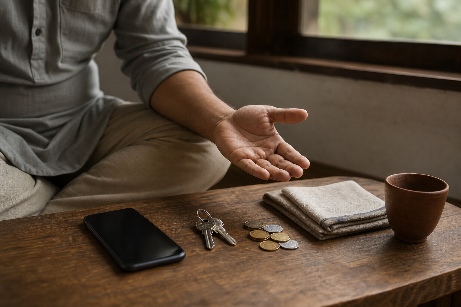An open hand rests above a wooden table holding a phone, keys, coins, folded cloth, and a clay cup.