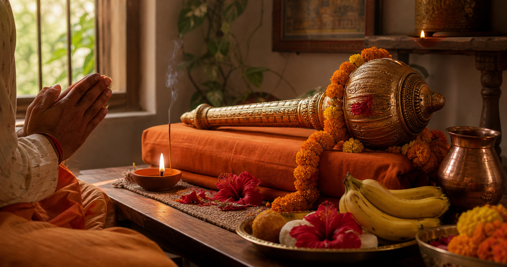 A brass gada rests on saffron cloth beside a lit oil lamp, marigolds, red flowers, fruit, incense, and the folded hands of a devotee.