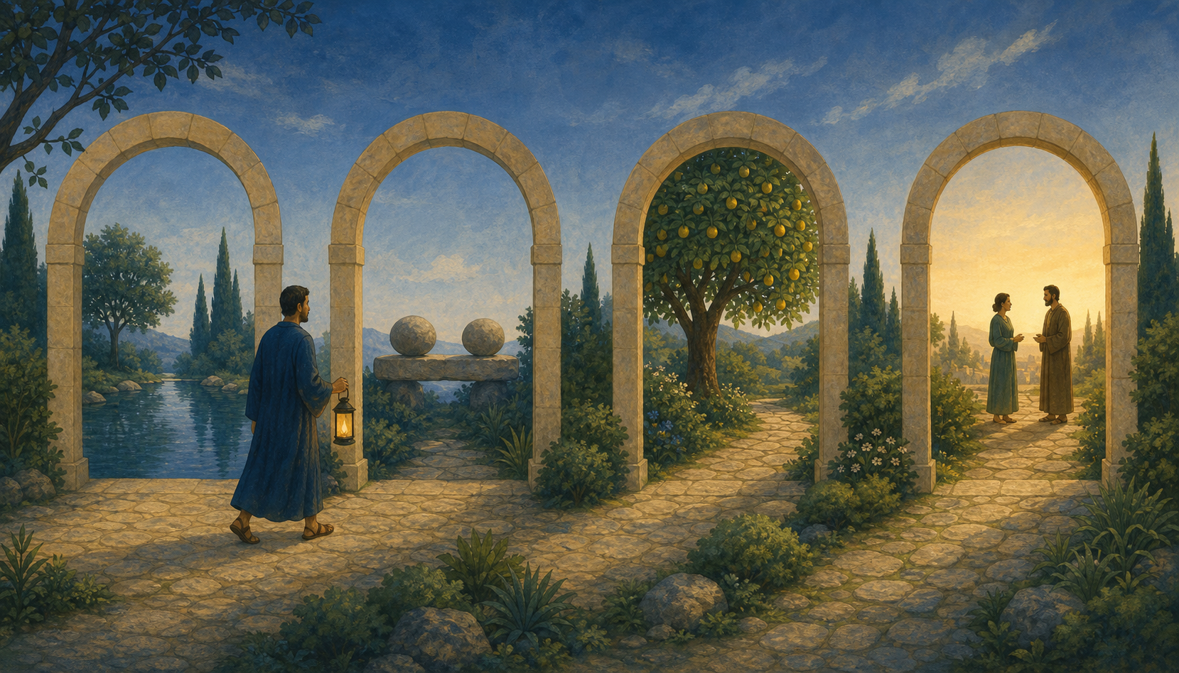 A person carrying a lamp walks through four open garden archways toward two people in conversation.
