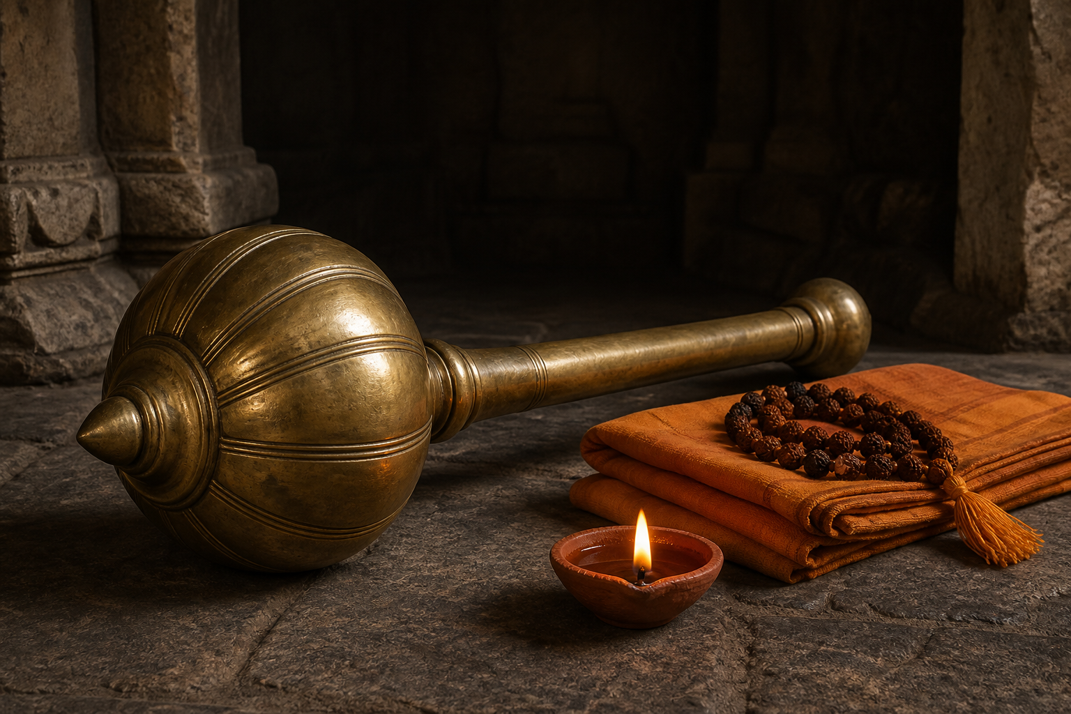 A traditional brass gada lies beside folded saffron cloth, a rudraksha mala, and a burning clay lamp on a stone floor.