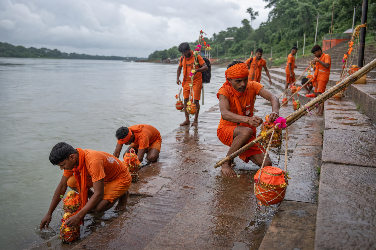Kanvar pilgrims fill vessels with Ganga water at riverside steps in Sultanganj and attach them to bamboo yokes.