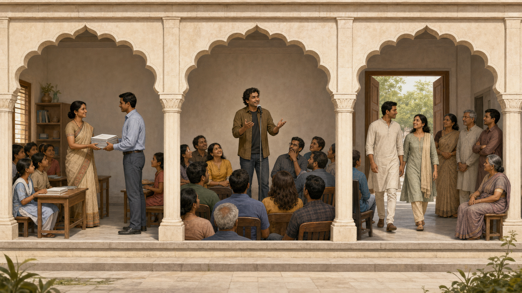 Three equally lit scenes show an Indian classroom receiving materials, a comedian addressing an audience, and a couple walking freely between open doorways.