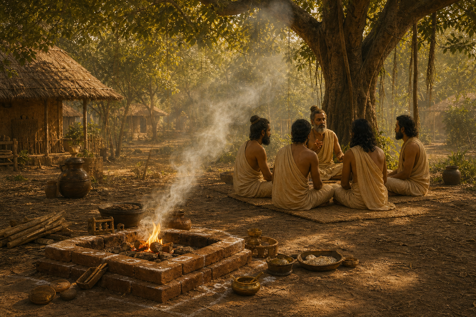 A fire altar burns in the foreground of a forest hermitage while a teacher and several seekers sit quietly beneath a tree.