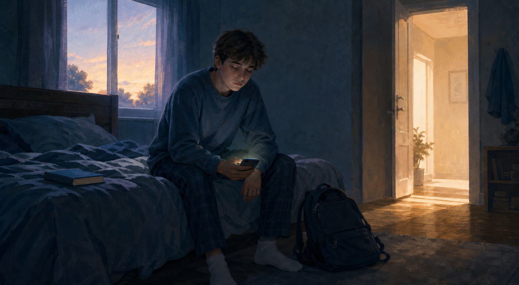 A tired student sits on the edge of an unmade bed holding a glowing phone as early morning light enters the room.