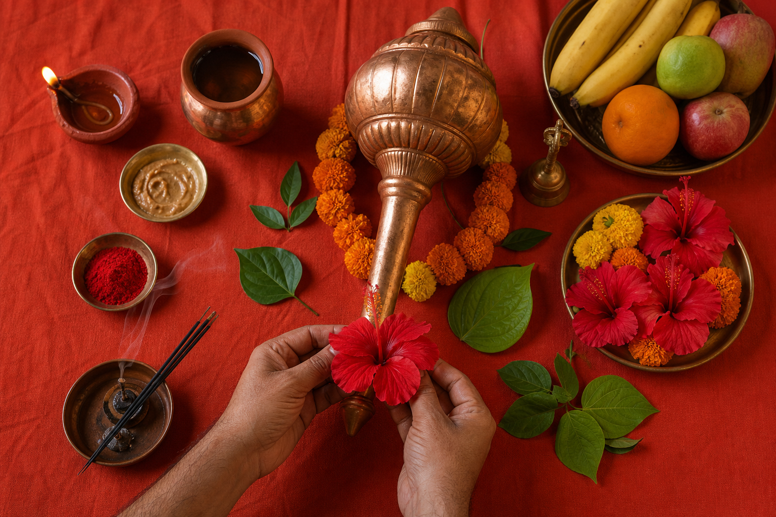 Hands offer a red flower to a ceremonial gada surrounded by a diya, copper vessel, incense, colored powders, flowers, leaves, and fruit.