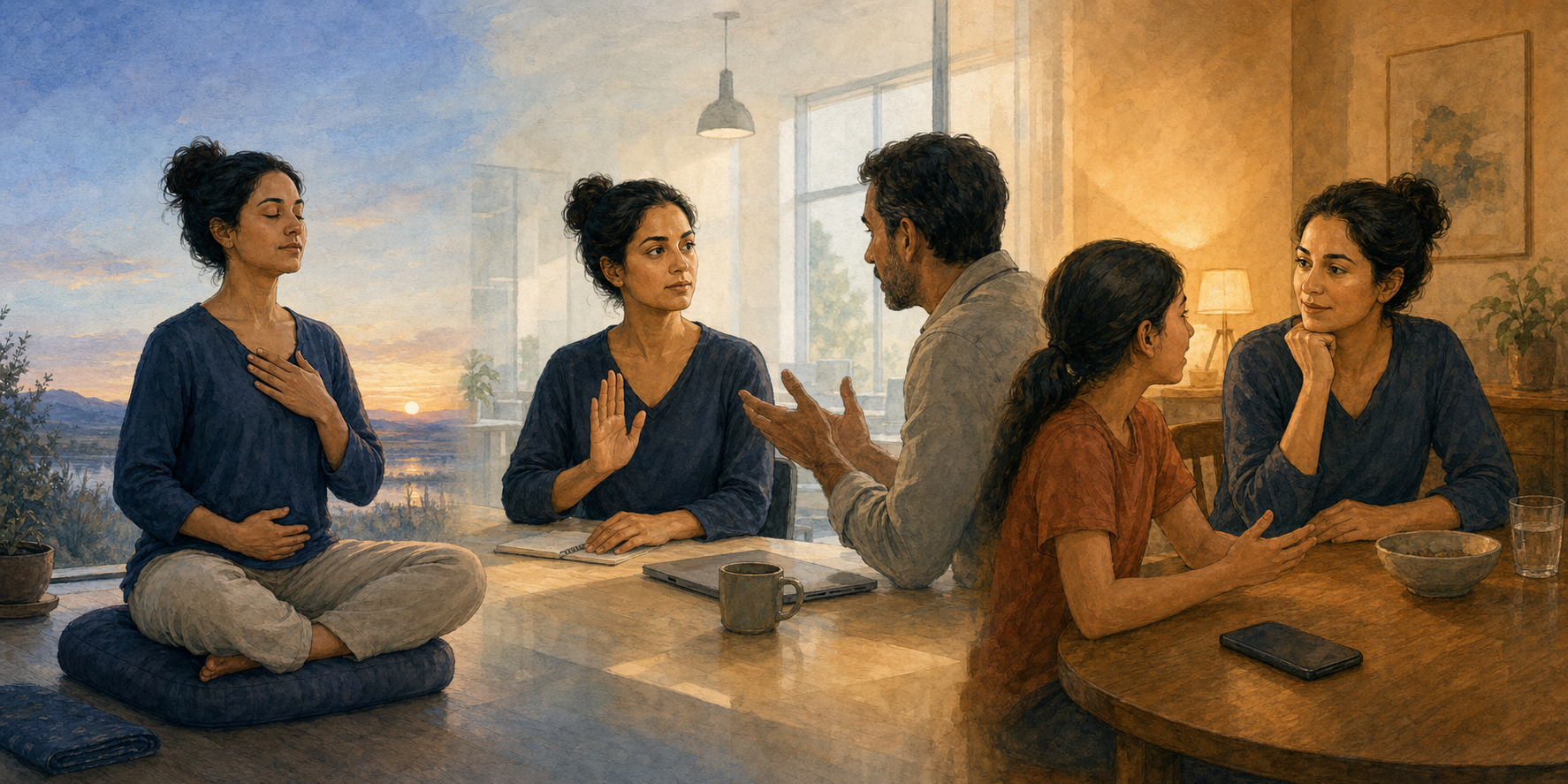 Three connected scenes show a person practicing calm breathing, pausing in a workplace conversation, and listening at home.