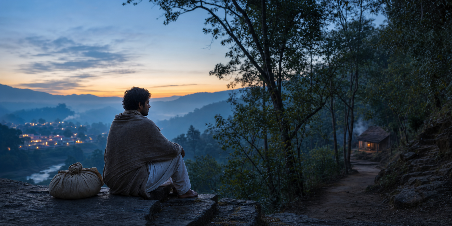 A person pauses beside a closed cloth bundle between a distant village and a forest hermitage before sunrise.