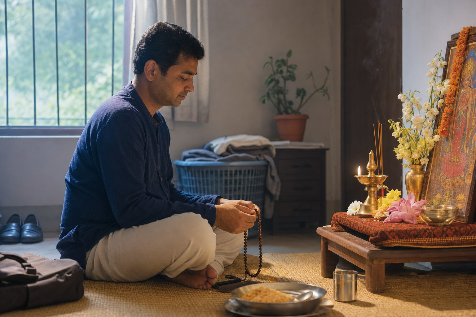 A devotee meditates with prayer beads before a small flower-and-lamp altar at dawn, with a work bag and household items nearby.