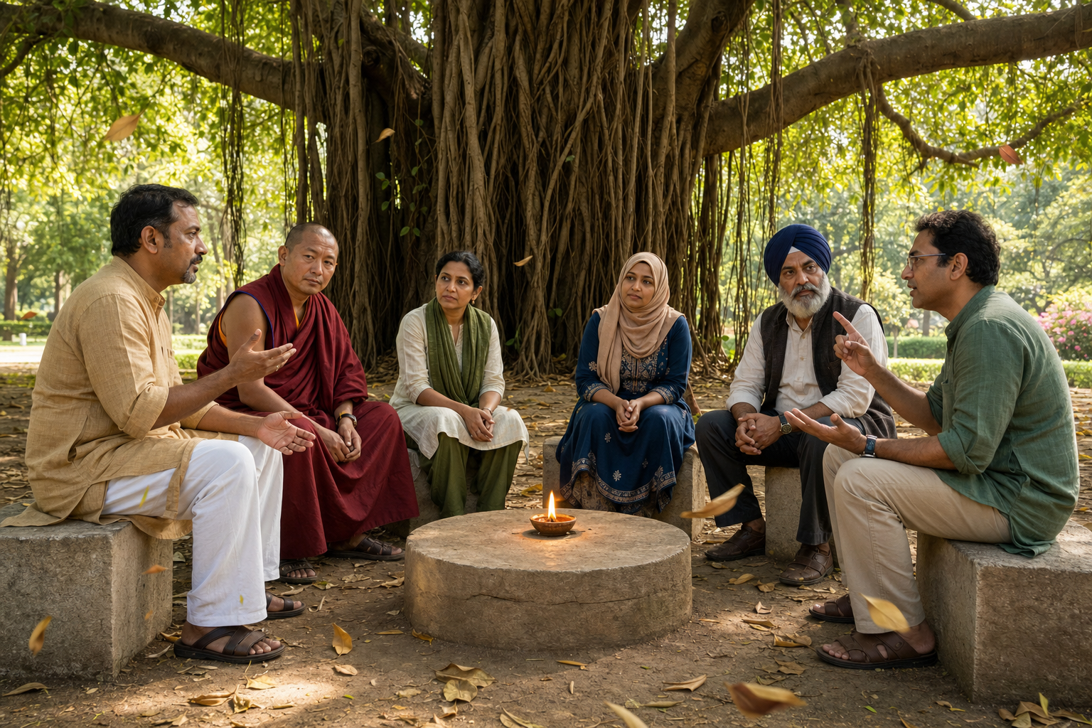 Six adults hold a peaceful discussion beneath a banyan tree around a small steady oil lamp in a public garden.