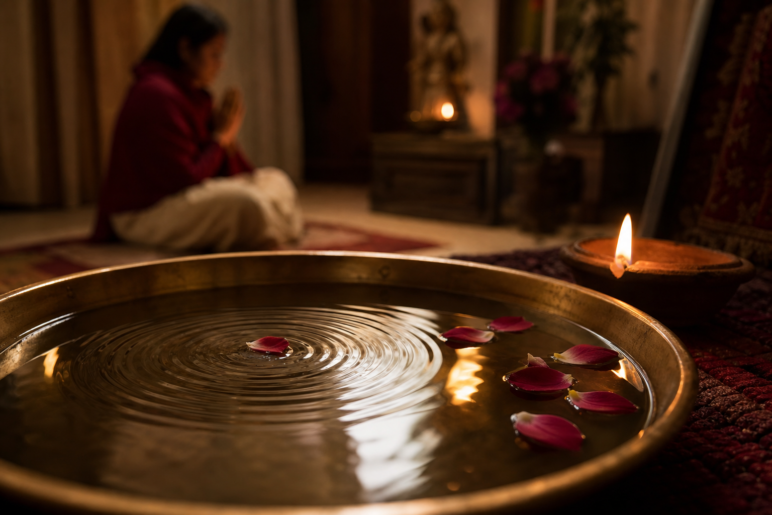 Ripples and flower petals move across a brass bowl of water toward the reflection of a nearby oil lamp as a devotee prays in the background.