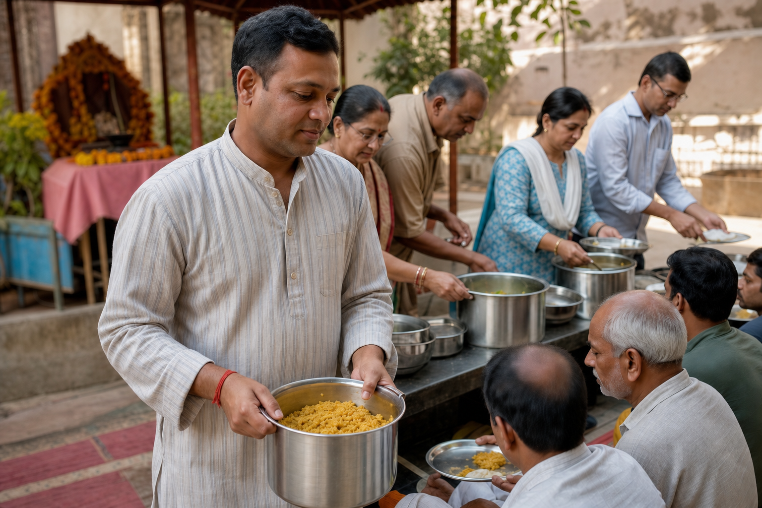 Volunteers serve simple vegetarian meals on metal plates in a sunlit community courtyard after a modest devotional observance.