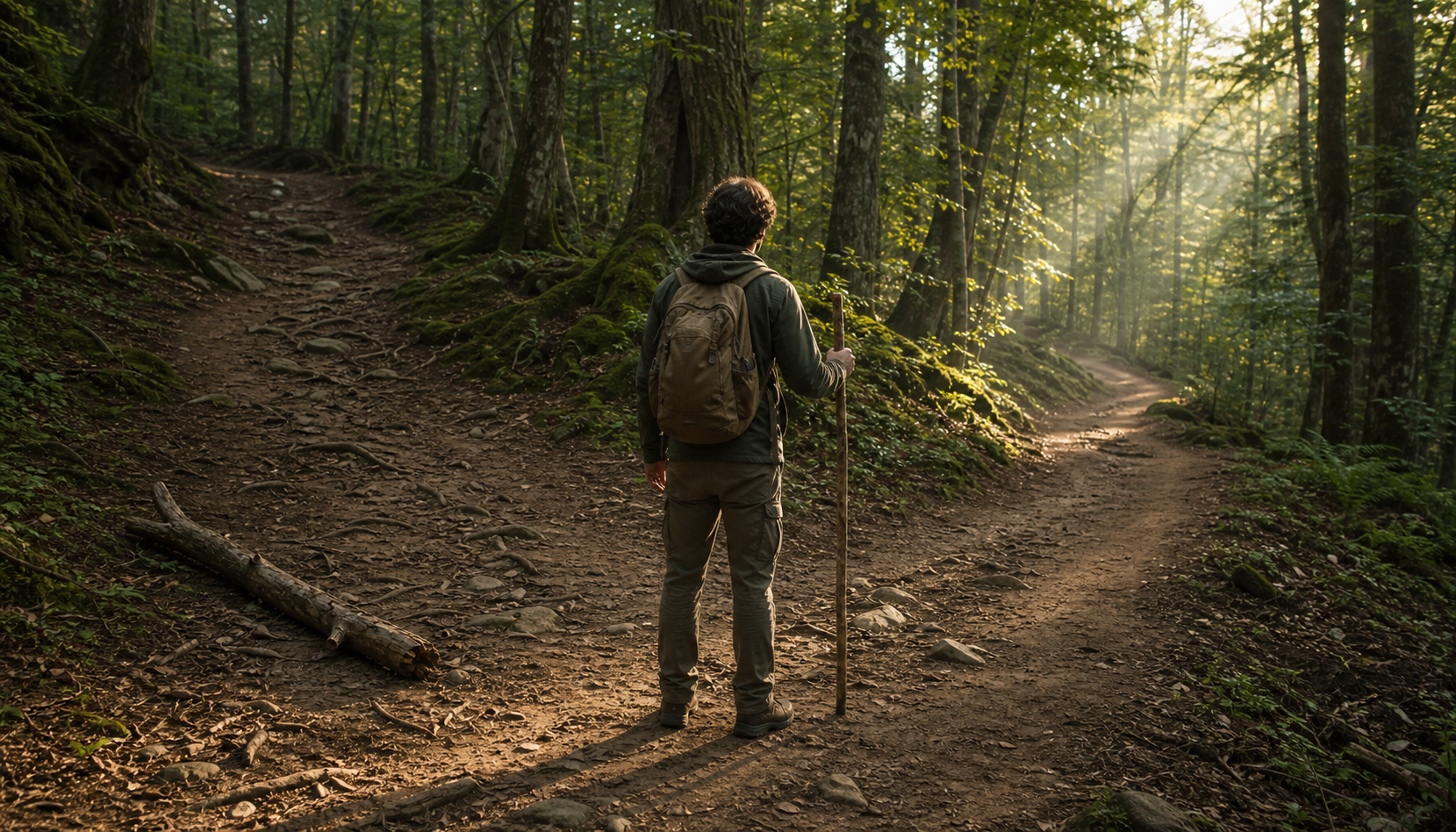 A traveler pauses at two forest paths shaped by exposed roots, stones, footprints, and a fallen branch.
