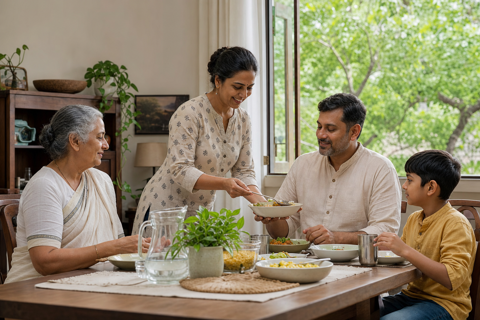 Three generations of a family share a simple meal in a modest sunlit home as one adult serves another.