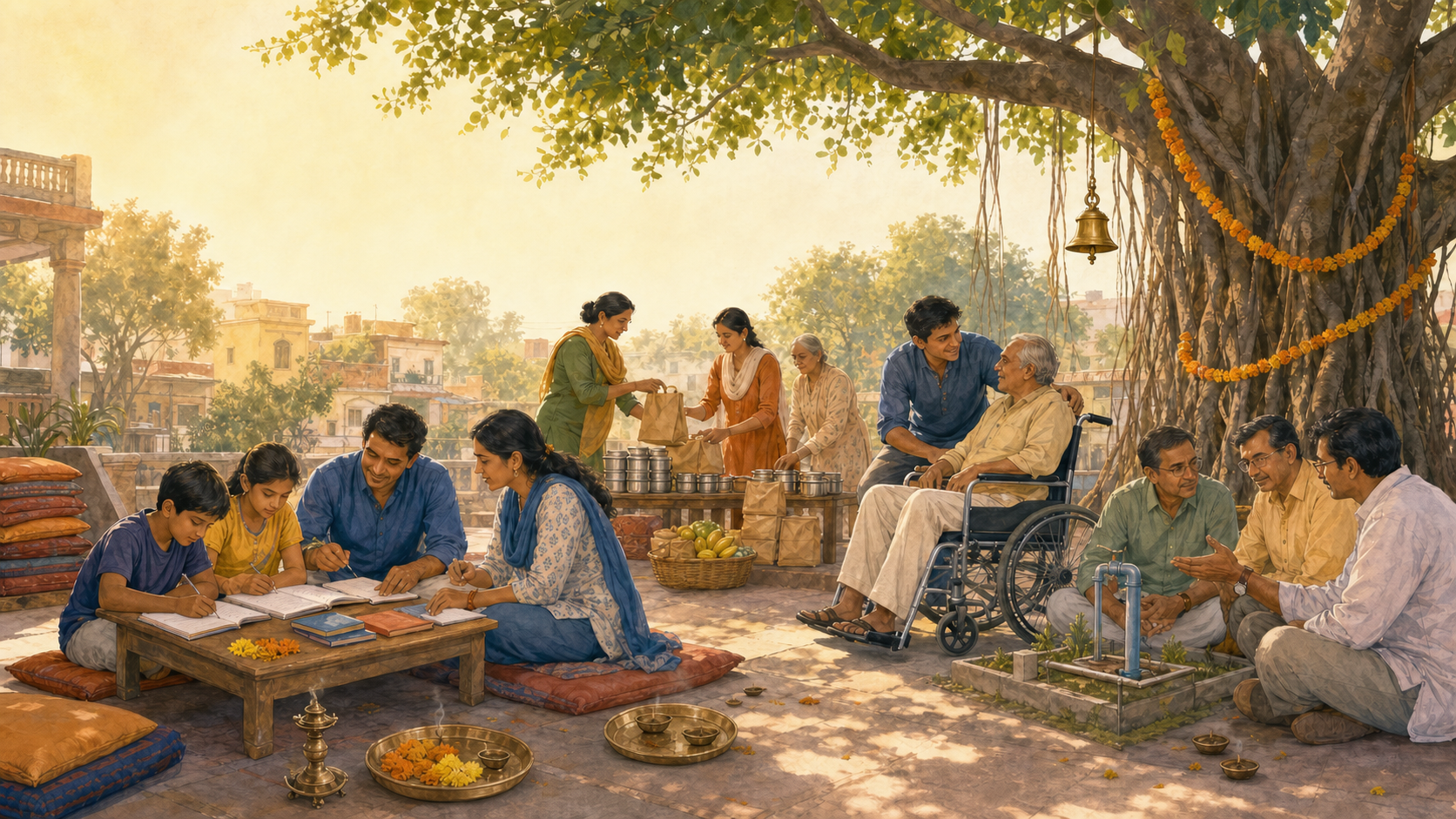 Multigenerational Indian residents tutor children, prepare meal parcels, assist an older wheelchair user, and discuss a water-tap repair in a decorated community courtyard.