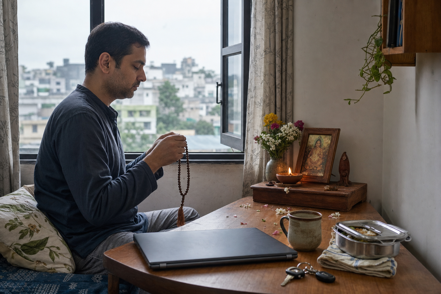 A householder chants with wooden prayer beads beside a small lit altar, with a laptop, tea cup, keys, and packed lunch prepared for the day.