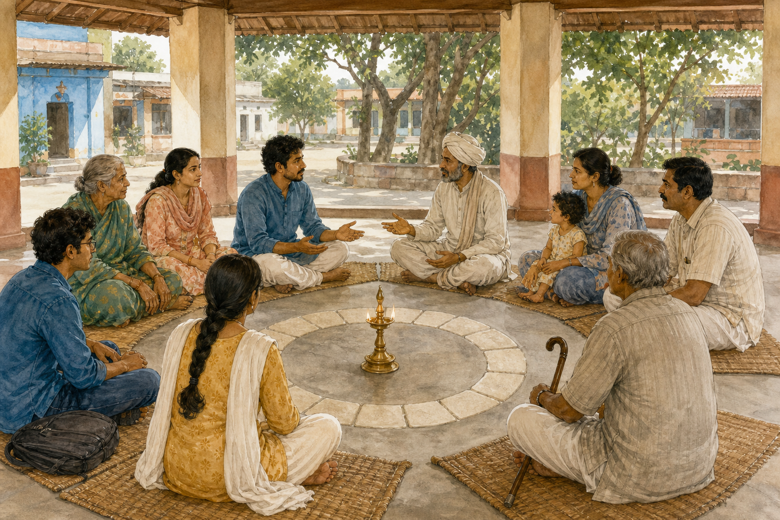 Neighbors of different ages sit as equals in a circle around a brass lamp while two participants calmly resolve a disagreement.