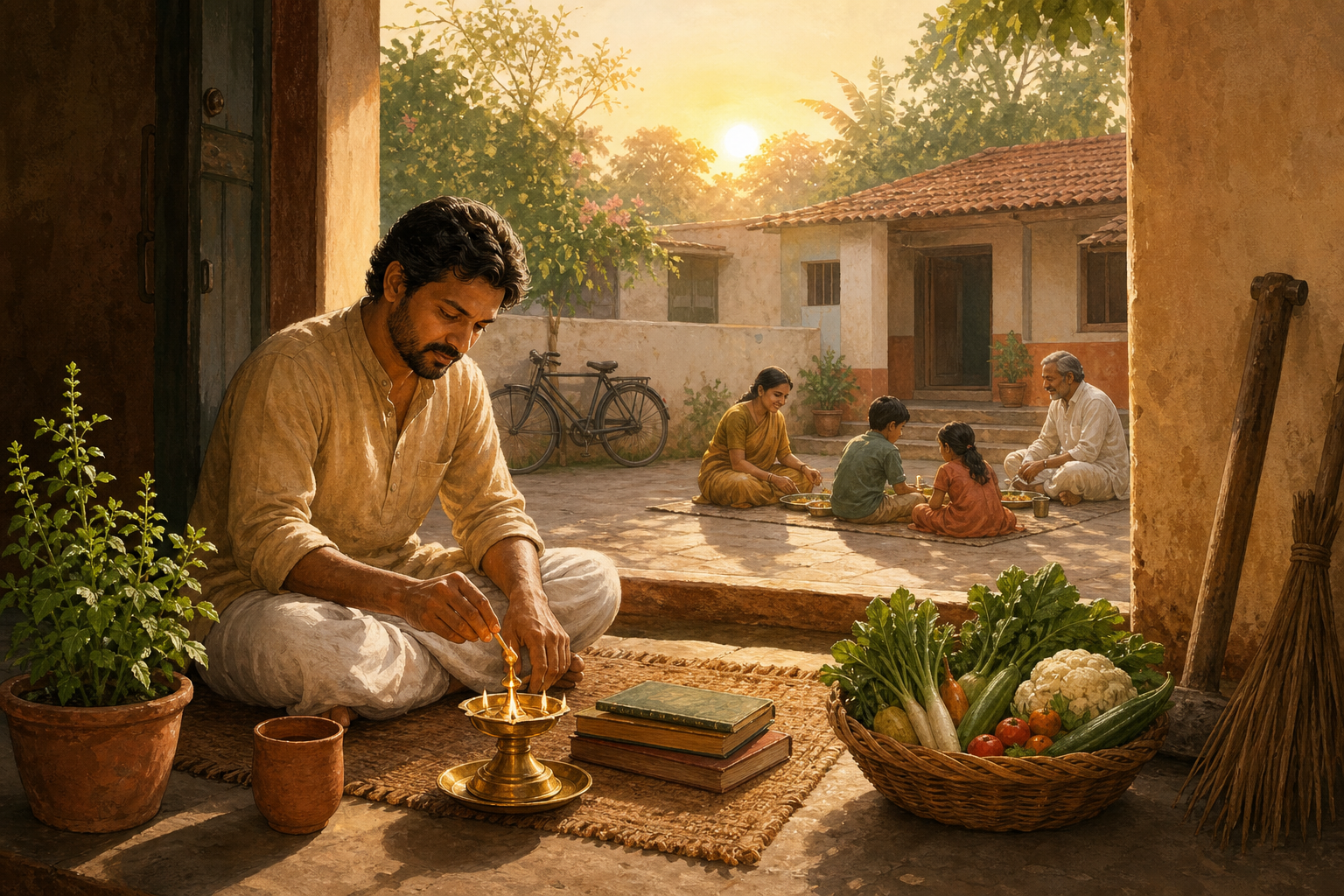 A person tends a small oil lamp in a modest courtyard where family, books, food, plants, a bicycle, and work tools suggest a simple but full life.
