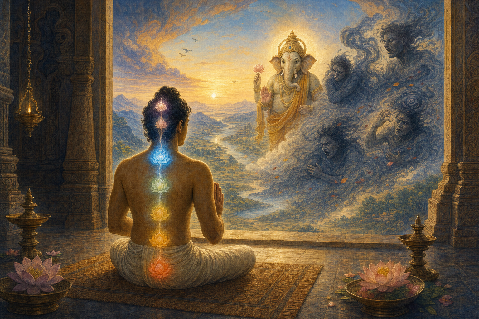 A seated practitioner with glowing lotus centers is framed by a mythic landscape where an elephant-headed deity faces dissolving shadow figures.