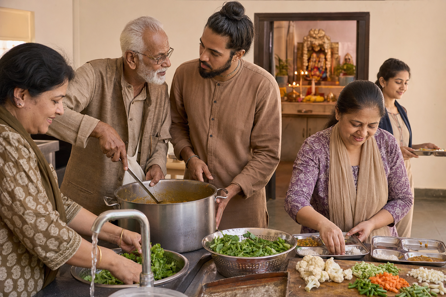 Devotees of different ages prepare and portion food together in a community kitchen while a flower-and-lamp prayer space is visible through a doorway.